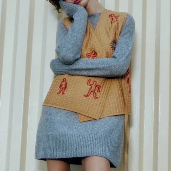 Zara Blogger Favorite Women’s Oversized Quilted Embroidered Wrap Vest Brown L - Picture 4 of 15